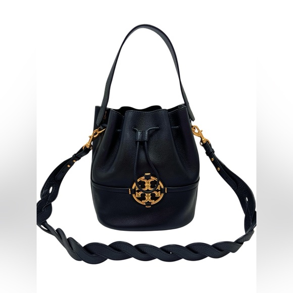 Tory Burch Handbags - Tory Burch Black Leather Bucket Bag With Gold Accents and Dustbag